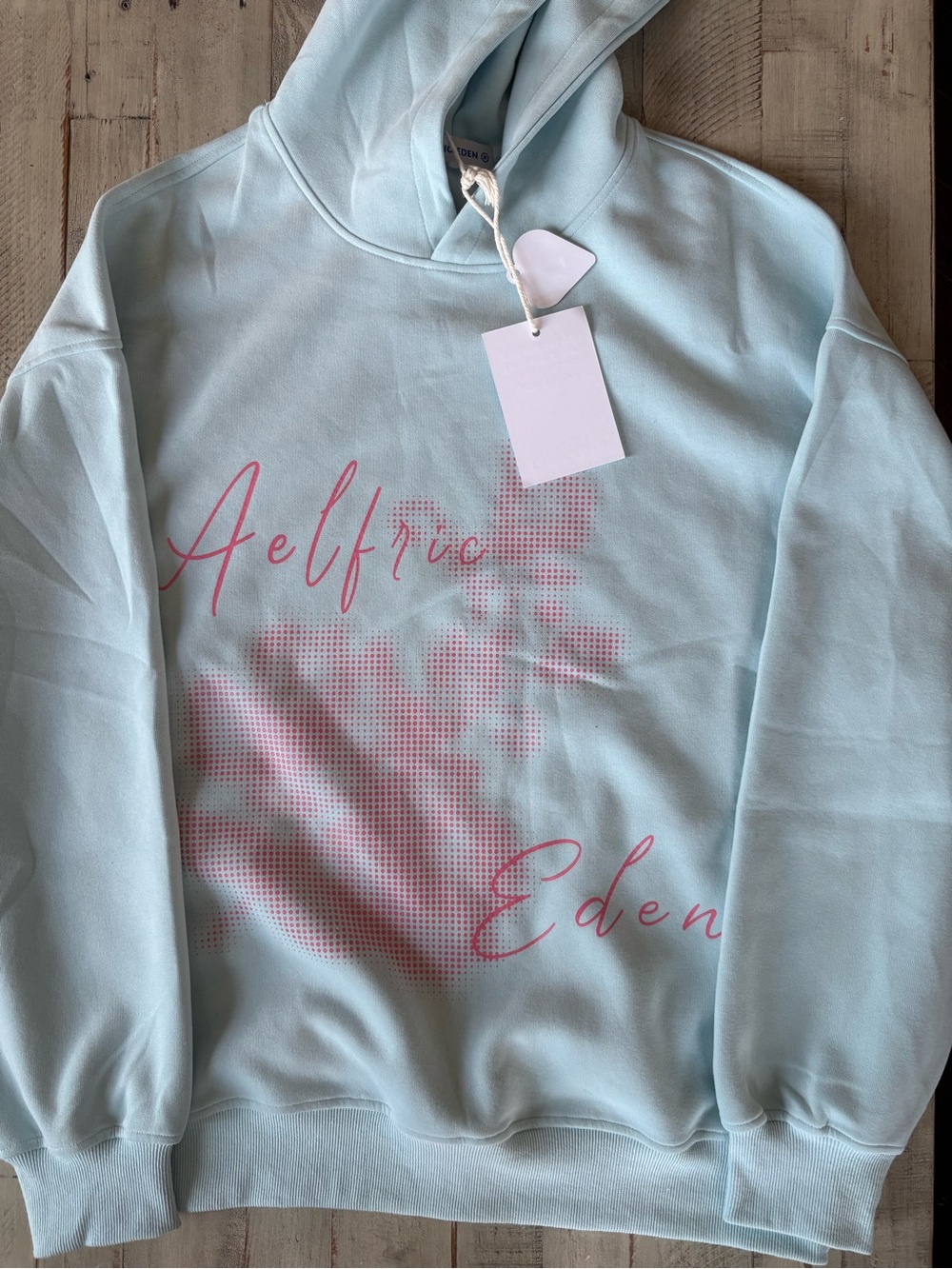 Aelfric Eden Light Blue Crewneck Sweatshirt with Pink Script & Graphic Medium